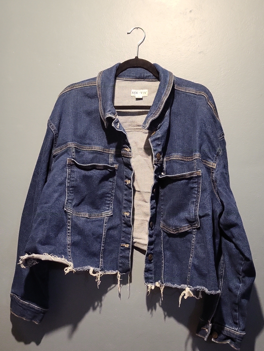 Ava & Viv Dark Blue Distressed Cropped Denim Jacket
